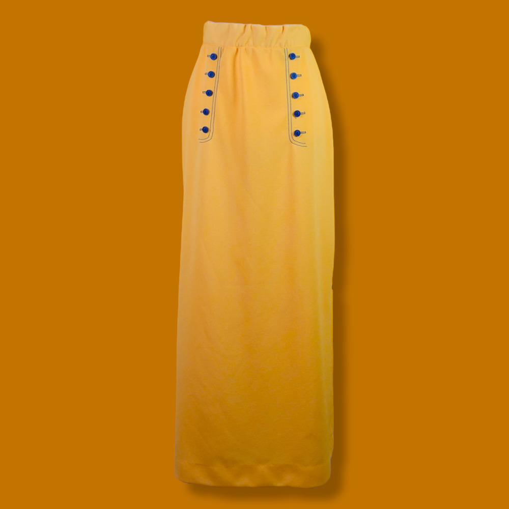 Vintage 70s Yellow Polyester Maxi Skirt with Buttons and Side Slits, 16